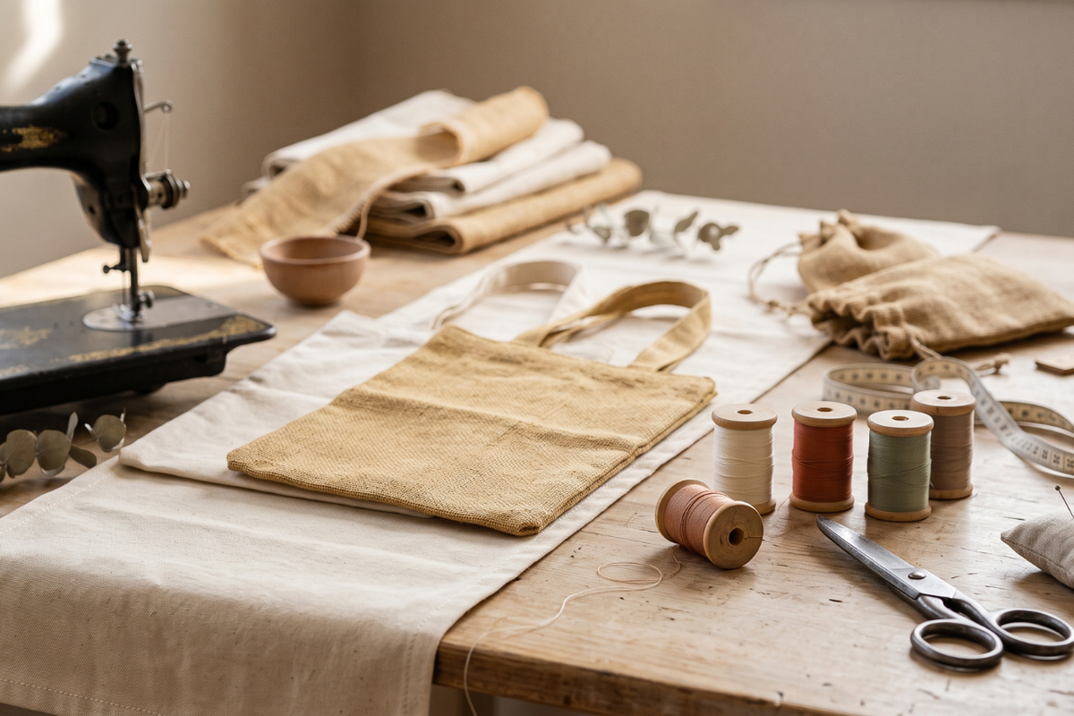 Mesa de taller artesanal con bolsa de yute, bolsitas de regalo, caminos de mesa, máquina de coser, hilos y tijeras — textiles hechos a mano en Colombia | Casaverde Artesanal
