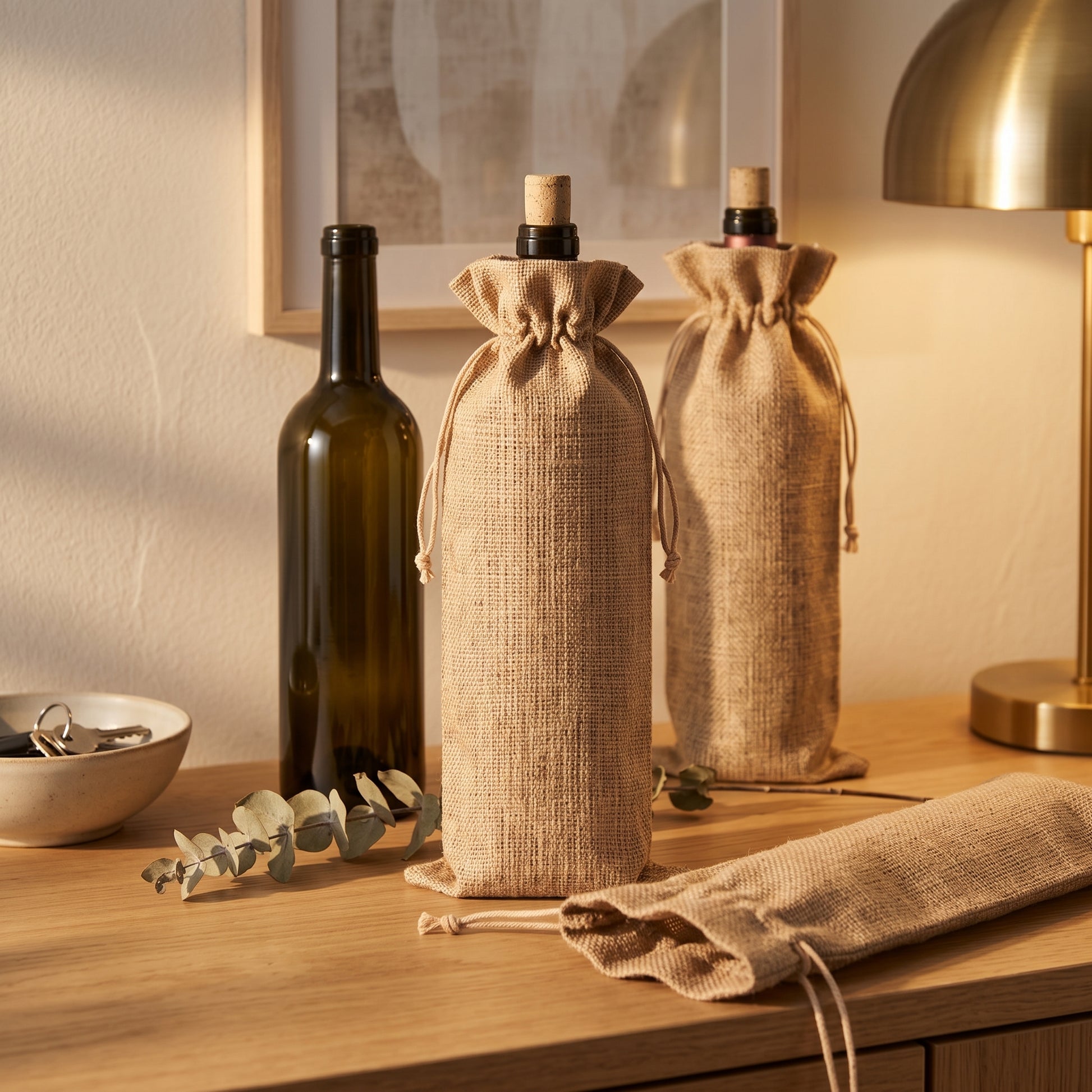 Bolsas para botella de vino en yute natural con cordón sobre una consola de madera con botellas y eucalipto — empaque de regalo para eventos y ocasiones especiales | Casaverde Artesanal