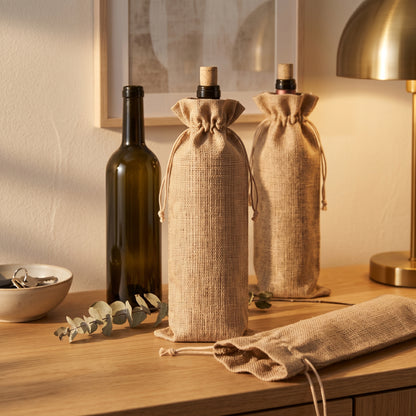 Bolsas para botella de vino en yute natural con cordón sobre una consola de madera con botellas y eucalipto — empaque de regalo para eventos y ocasiones especiales | Casaverde Artesanal