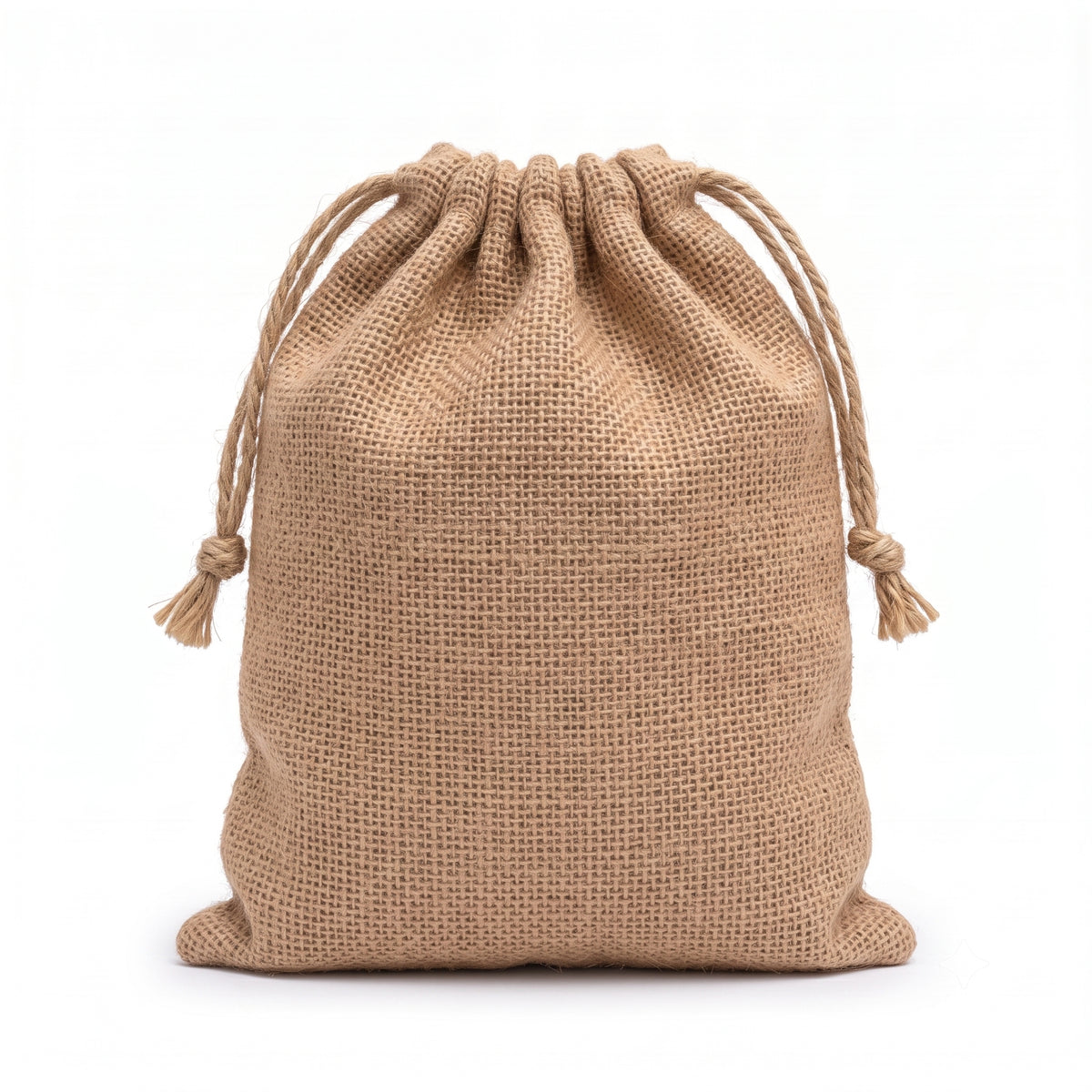 Bolsita de regalo de yute 100% natural llena y cerrada con cordón de yute, vista frontal sobre fondo blanco — recuerdo para bodas y eventos | Casaverde Artesanal