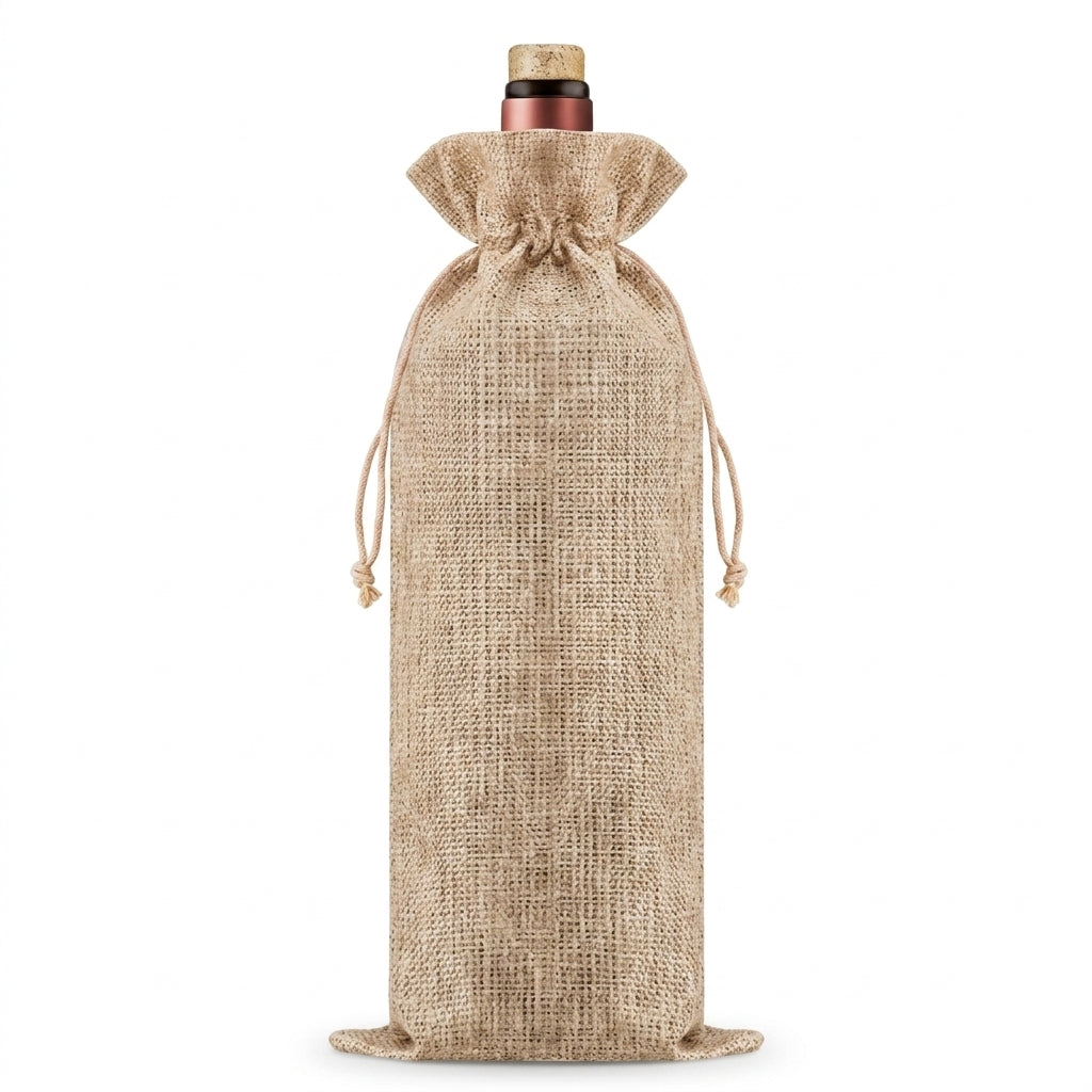 Bolsa para botella de vino en yute natural con cordón, cerrada sobre una botella, sobre fondo blanco — empaque de regalo para eventos y ocasiones especiales | Casaverde Artesanal