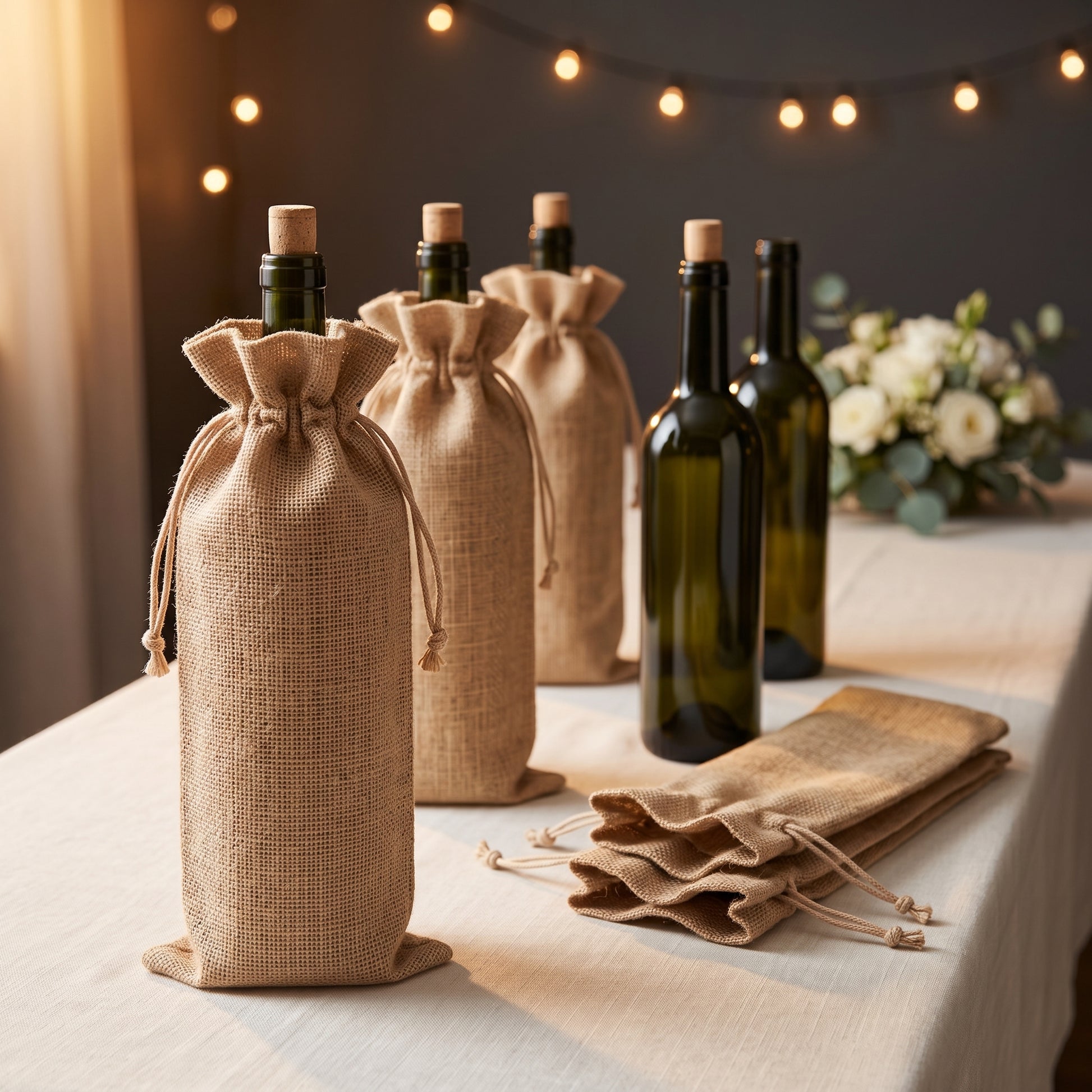 Bolsa para botella de vino en yute natural con cordón ajustable, presentada con botellas sobre mesa decorada para bodas y eventos | Casaverde Artesanal