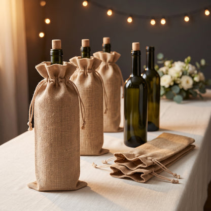 Bolsa para botella de vino en yute natural con cordón ajustable, presentada con botellas sobre mesa decorada para bodas y eventos | Casaverde Artesanal