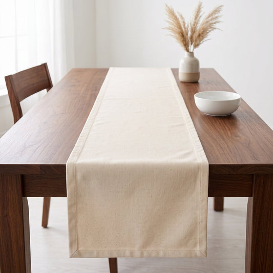 Camino de mesa de lona de algodón crudo sobre mesa de madera oscura, con jarrón de pampas y bowl blanco, decoración de comedor minimalista | Casaverde Artesanal