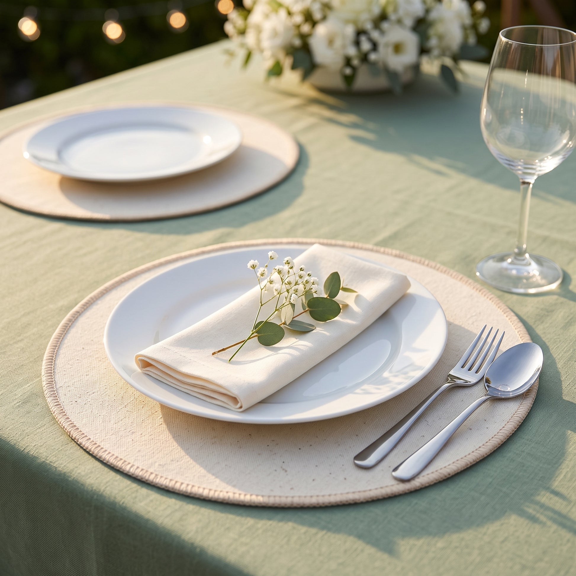 Individual de mesa redondo en lona de algodón crudo, montaje de mesa para bodas y eventos con plato blanco, servilleta y copa | Casaverde Artesanal
