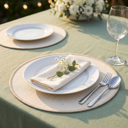 Individual de mesa redondo en lona de algodón crudo, montaje de mesa para bodas y eventos con plato blanco, servilleta y copa | Casaverde Artesanal