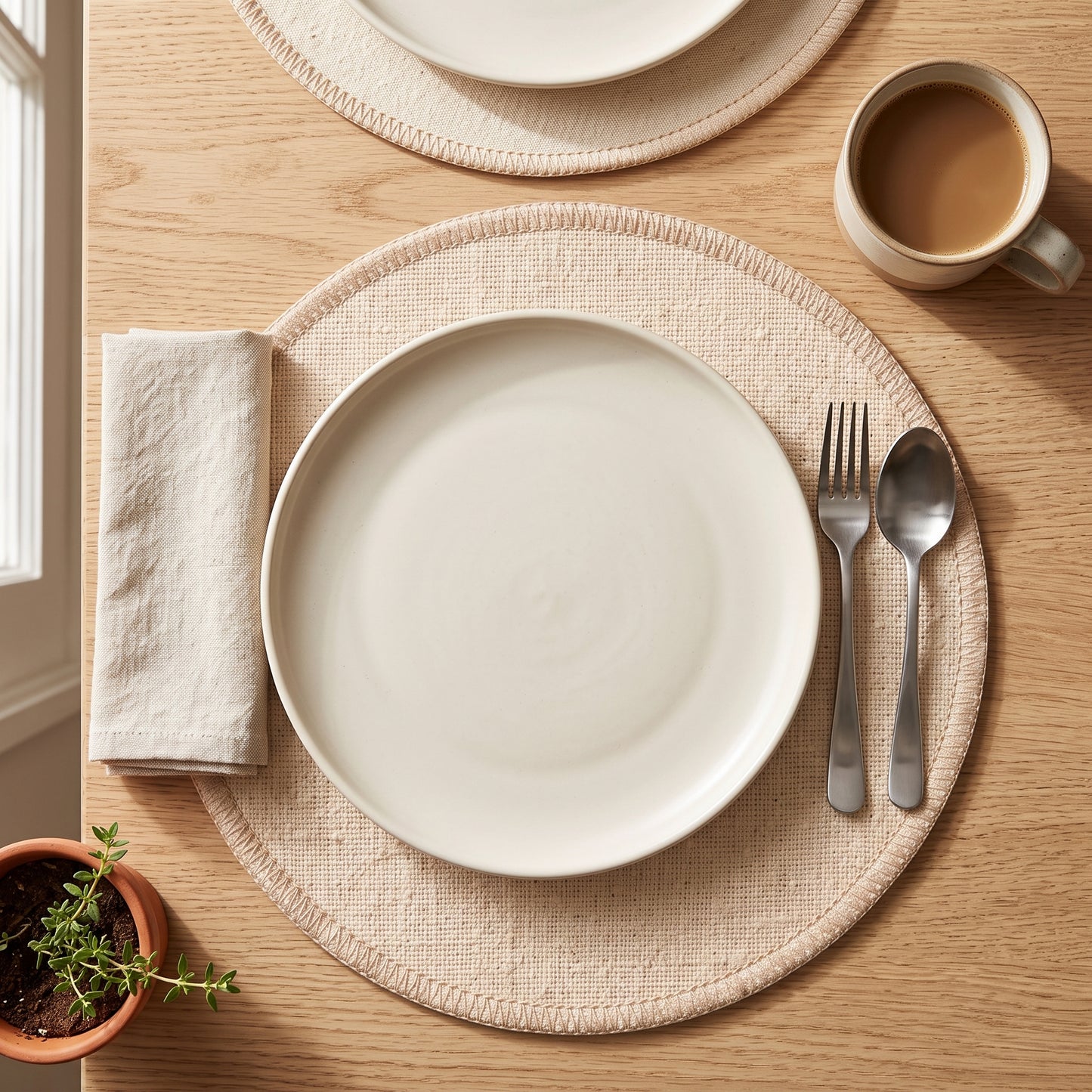 Individual de mesa redondo en lona de algodón crudo con borde en zigzag, montaje de mesa con plato de cerámica, servilleta y cubiertos sobre madera | Casaverde Artesanal