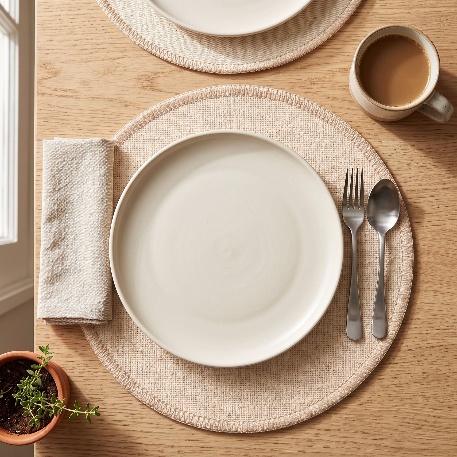 Individual de mesa redondo en lona de algodón crudo con borde en zigzag, montaje de mesa con plato de cerámica, servilleta y cubiertos sobre madera | Casaverde Artesanal