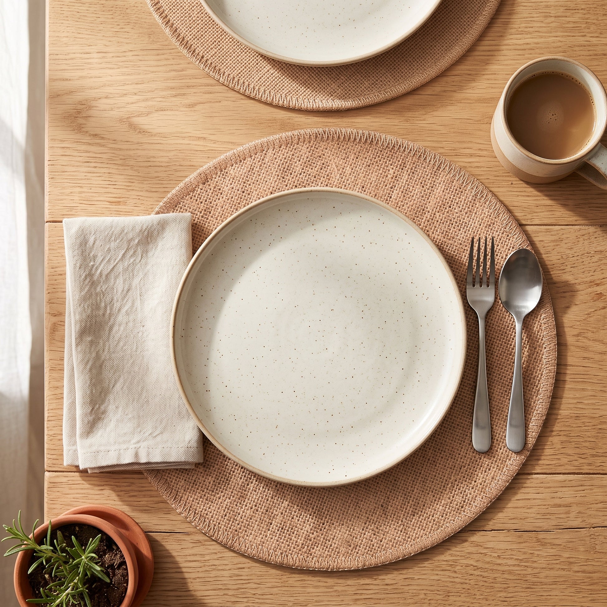 Individual de mesa redondo en yute natural con borde en zigzag, montaje de mesa con plato de cerámica, servilleta y cubiertos sobre madera | Casaverde Artesanal