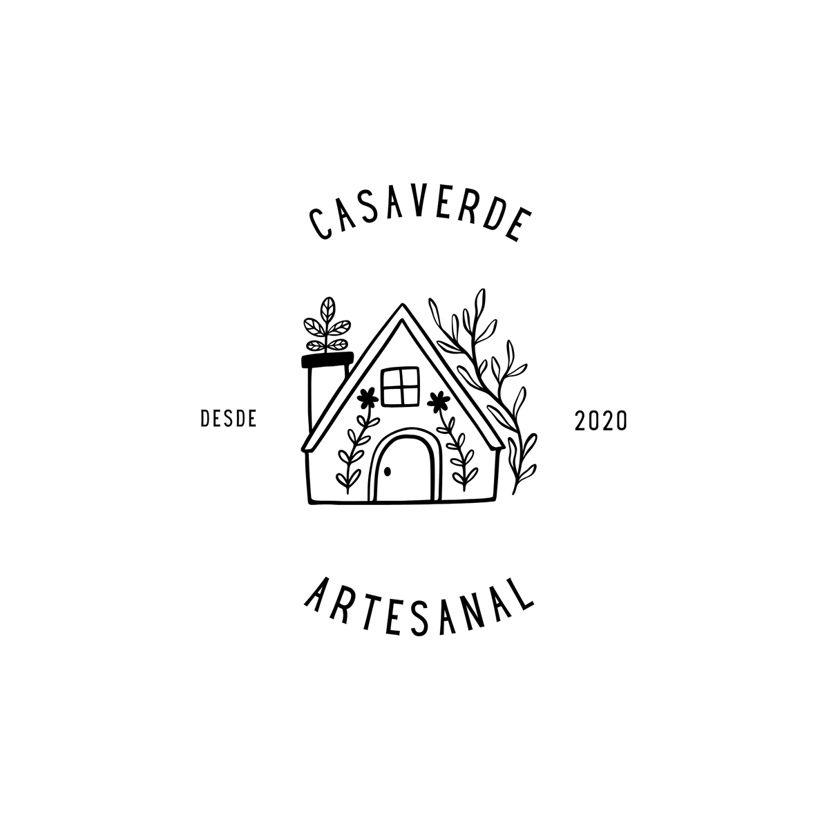Logo de Casaverde Artesanal en negro sobre fondo blanco: casa ilustrada rodeada de plantas con el texto "Desde 2020" — marca colombiana de textiles hechos a mano